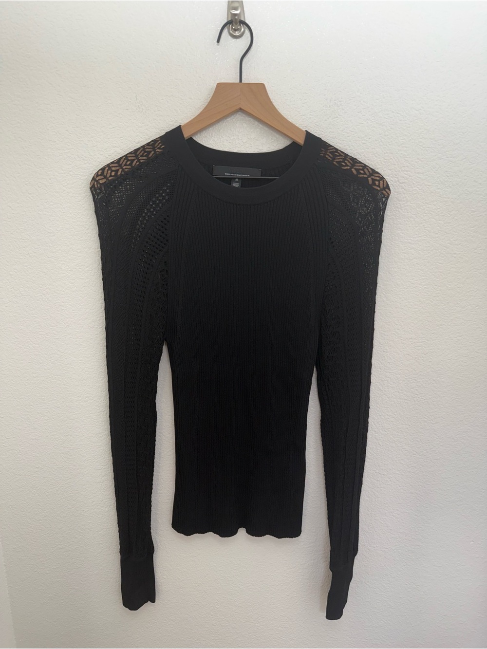 WHBM Pointelle Ribbed Knit Crochet Raglan Black Sweater Whimsigoth Layering M